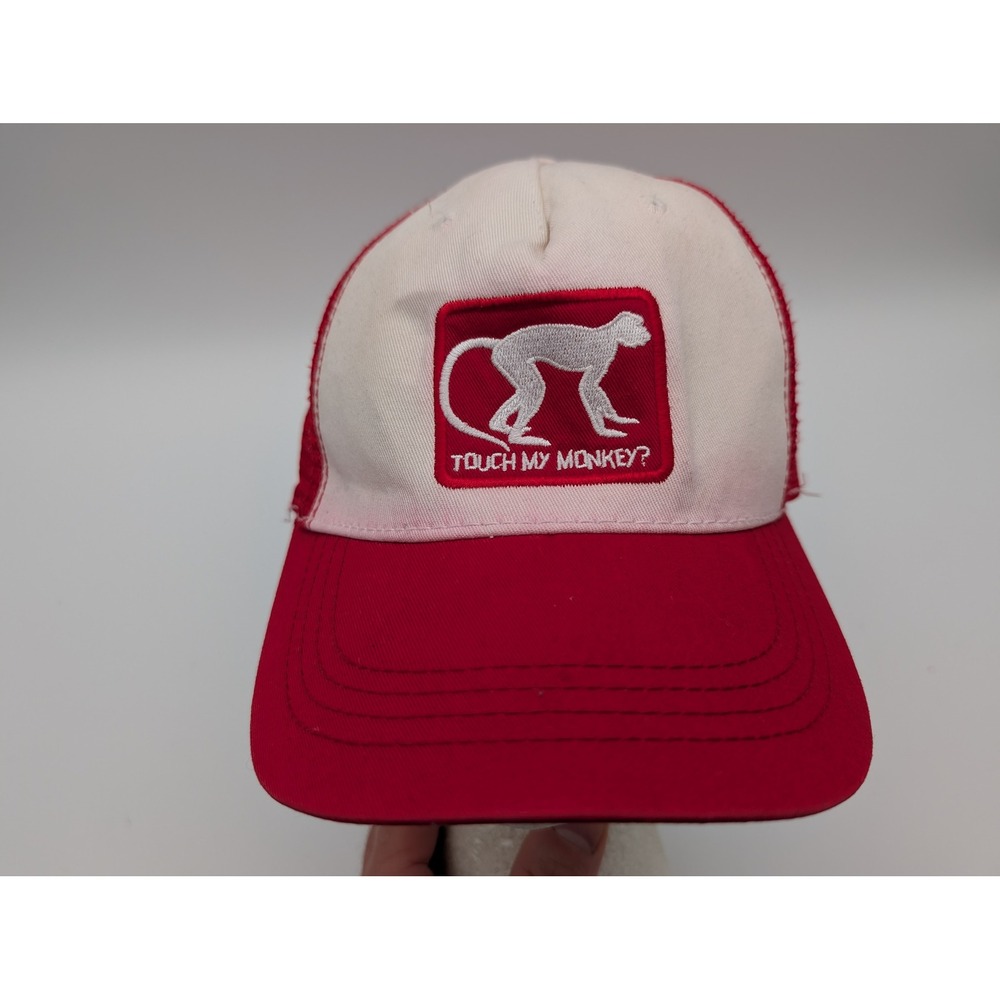 Steve & Barry's Touch My Monkey Trucker Hat Red White Mesh Snapback Cap Vintage